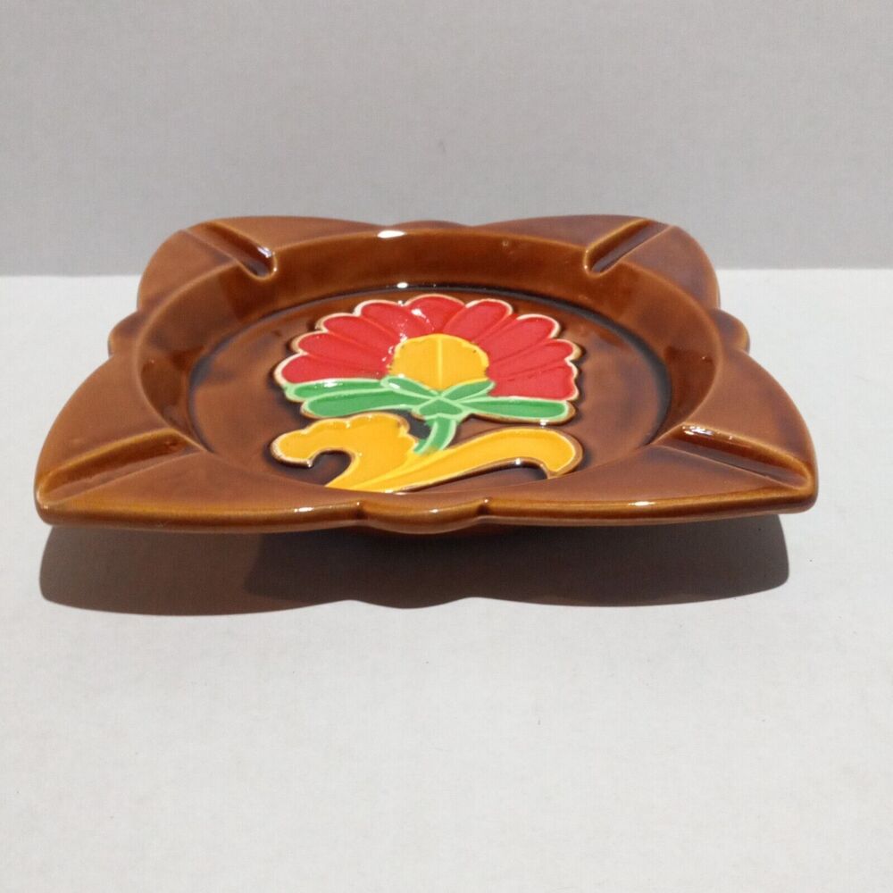 Vintage Majolica Ceramic Square Flower Ashtray-1978-Japan-Trinket Dish-MCM-NEW - Picture 3 of 10